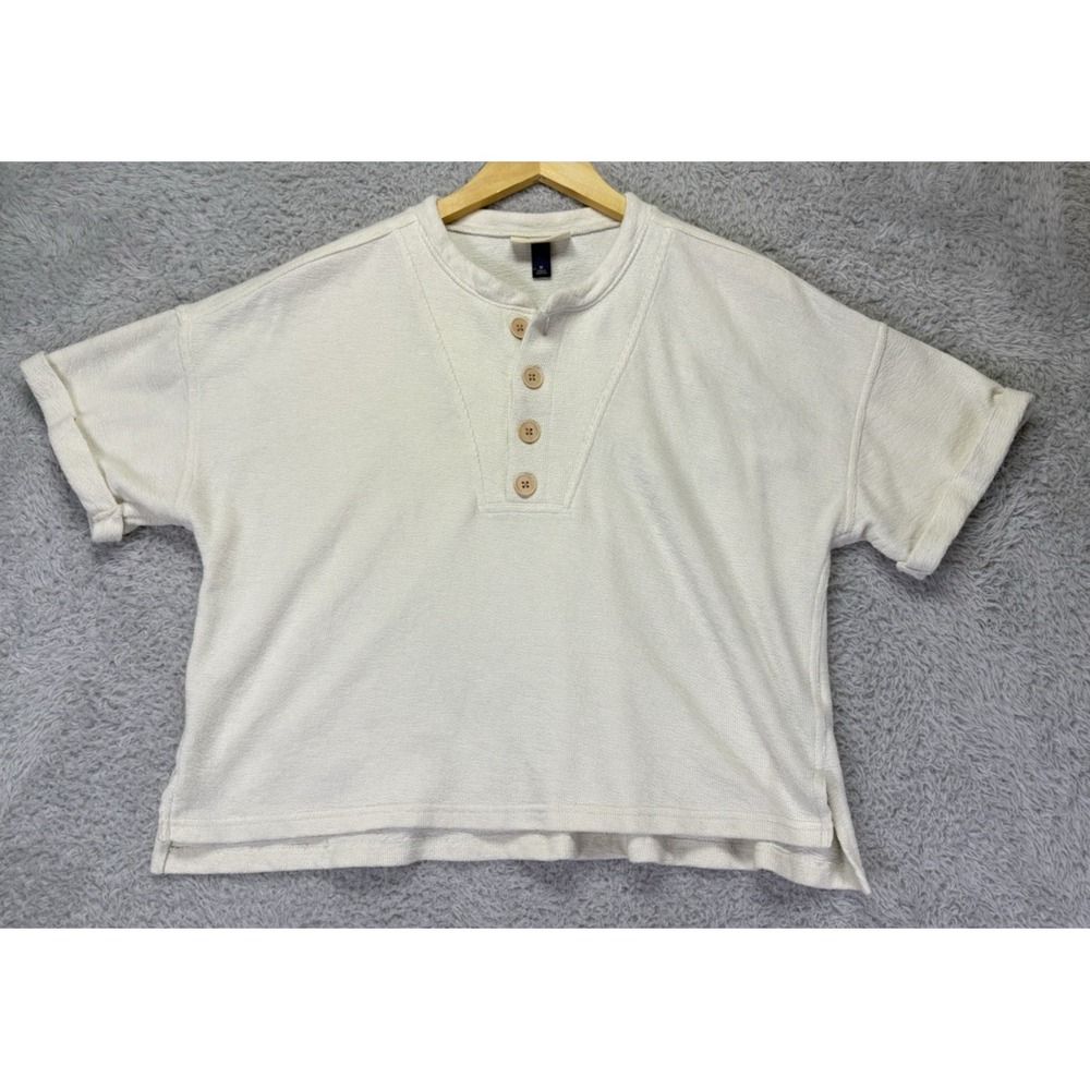 Universal Thread Womens Medium Short Sleeve Top Boxy Terry Cloth Ivory Lagenlook - Picture 3 of 8